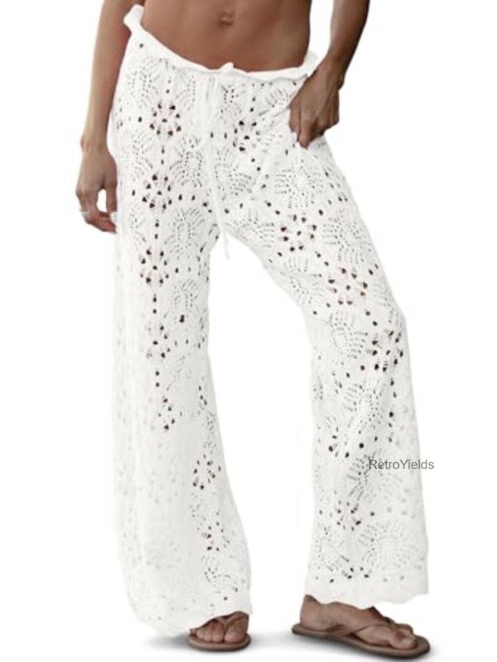 Womens Crochet Swimwear Coverup Pants High Waisted Sheer Mesh Knit Wide Leg